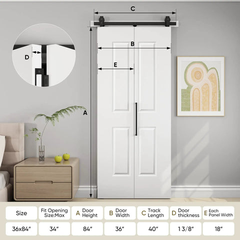 36 By 84 Inch Bifold Barn Door With Classic Raised Two Panel Design on sliding track beside furniture, perfect for closets.