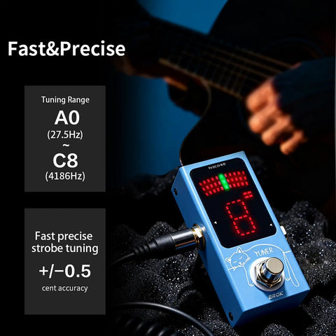 Ultra Compact Tuner Pedal With Pitch LED Indicator For Electric Guitar And Bass, True Bypass, Blue Finish next to guitar