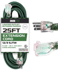 12 Gauge Outdoor Extension Cord 25 Ft Built Tough Heavy Duty 3 Prong SJTOW Oil Resistant Vinyl with Lighted End