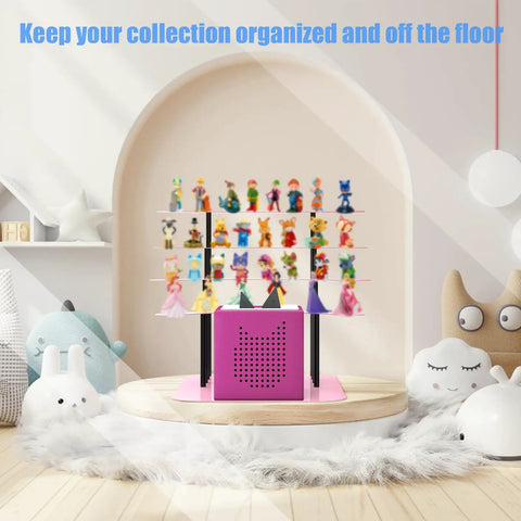 Ultimate Pink Metal Toniebox Stash Holder For 20 To 35 Tonies with organized audio figures on display rack in a room.