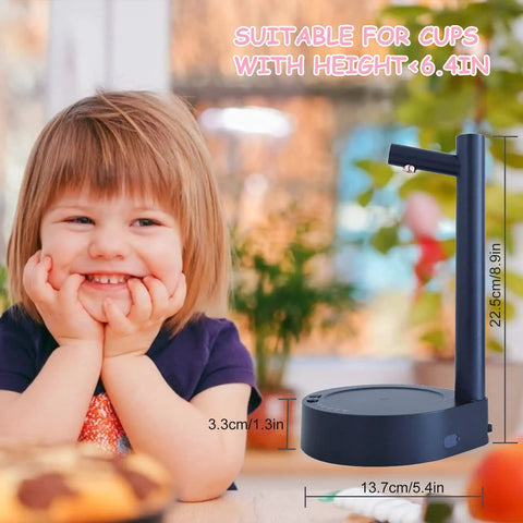 Electric Water Bottle Dispenser With USB Charging next to smiling child at table, suitable for cups under 6.4 inches tall