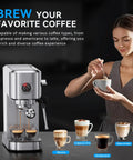 Compact 20 Bar Espresso Machine With Milk Frother Stainless Steel Coffee Maker For Cappuccino And Latte 42 Oz Water Tank Visible Pressure Gauge Ideal For Home And Office Use Silver with woman making coffee