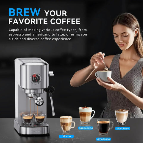 Compact 20 Bar Espresso Machine With Milk Frother Stainless Steel Coffee Maker For Cappuccino And Latte 42 Oz Water Tank Visible Pressure Gauge Ideal For Home And Office Use Silver with woman making coffee