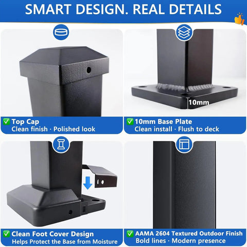 2x2x39 Inch Modular Aluminum Deck Post Weather Ready Built Tough With 6063 Aluminum And AAMA 2604 Textured Black Finish Universal Porch Post For 36 Inch Stair Railing Kit Decks Porches And Balconies Post Only showcasing design features, top cap, base plate, foot cover, and textured finish.