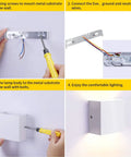 Dimmable Wall Sconce Set Of 2 Plug In LED Wall Lamps 12W installation process with steps and final mounted view showing warm light
