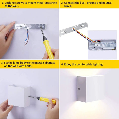 Dimmable Wall Sconce Set Of 2 Plug In LED Wall Lamps 12W installation process with steps and final mounted view showing warm light