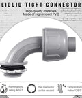 Flexible Non Metallic PVC Liquid Tight Conduit Connectors, 90 Degree Fittings, One Half Inch, side view