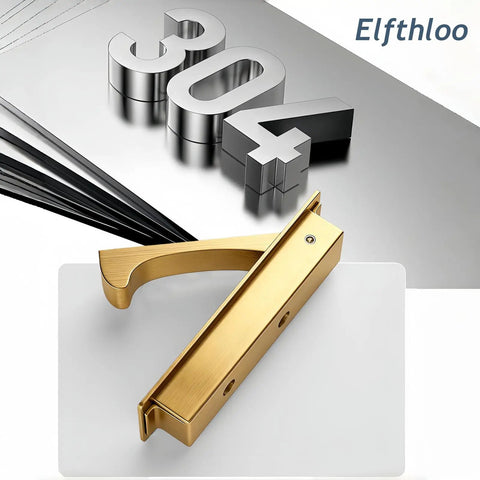 Sleek Two Pack Recessed Pocket Door Pulls With Zero Fuss Flush Mount Design And Comfortable Finger Groove For Seamless Sliding Interior Doors And Modern Home Furniture In Brushed Brass. Close-up of brushed brass pull handle.