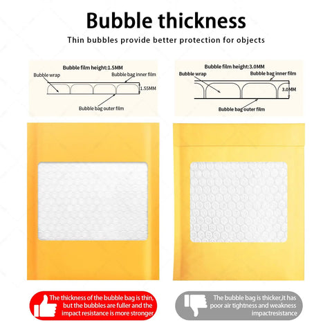 Comparison of bubble thickness in Kraft Bubble Mailers 8.5x11 Inch Self Sealing Padded Envelopes Yellow Pack Of 50 Built Tough For Shipping