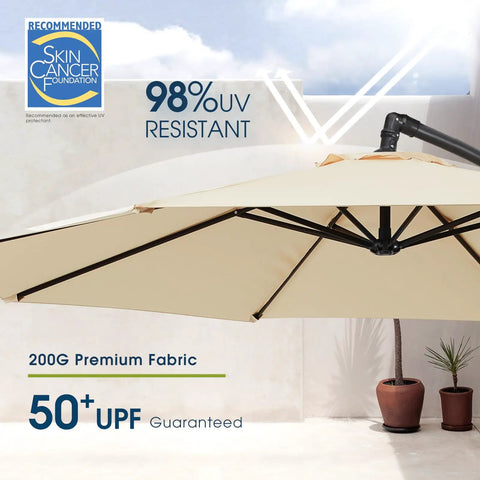 10 Foot Offset Cantilever Patio Umbrella With Sandbag Base Included Up To 80 Lbs For Backyard Garden And Pool Beige Value Packed Upgraded Thickened Fabric Easy Tilt And Crank Safe To Close When Not In Use displayed in outdoor setting