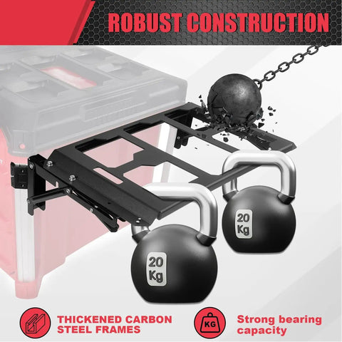 Folding Workstation Mount For Modular Toolbox And Truck Bed Storage Aluminum Alloy Side Tray showing robust construction with kettlebells