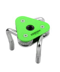 Adjustable Three Jaw Oil Filter Wrench Universal Claw Design with green top, for 2.5 to 4.5 inch spin-on filters, 3/8 inch drive compatible