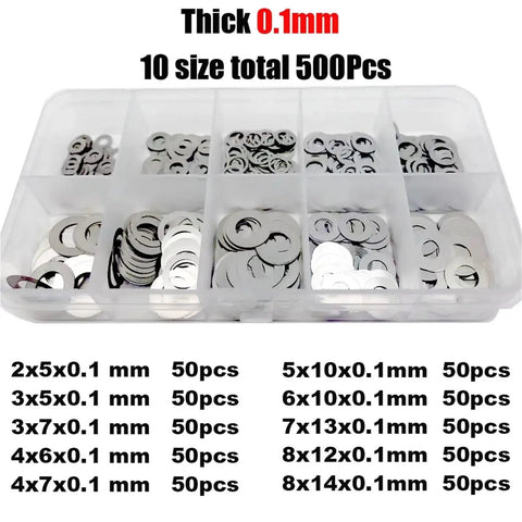 Ultra Thin Stainless Steel Flat Washer And Shim Set M2 Through M8 Gasket Assortment Kit 500 750 1200 Pcs 304 316 Stainless With Smooth Edges For Tight Fit And Compact Assemblies Pro Grade Space Saving, 500-piece 0.1mm washer assortment tray