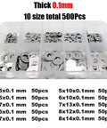 Ultra Thin Flat Washer Set For M2 To M8 Sizes In 304 Stainless Steel, Shim And Plain Gasket Assortment Kit, Corrosion Resistant, Space Saving, Smooth Edges For Tight, Compact Assemblies. 500-piece organizer box, 0.1mm washers