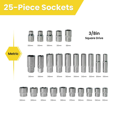 Three Eighths Inch Drive Impact Socket Set, 30 Piece Metric Deep And Shallow Socket Kit With Storage Case layout view