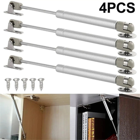 Heavy Duty Four Piece Gas Strut Cabinet Door Lift Support Kit With Pneumatic Rod Hydraulic Spring Hinges For Kitchen Cupboard And Furniture Hardware In Silver Finish displayed with screws and installed in cabinetry.