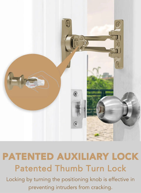 Door Guard Swing Bar Lock For Outward Opening Doors, Heavy Duty Security Latch For Home, Apartment, Hotel, And Commercial Front Doors, installed on white door