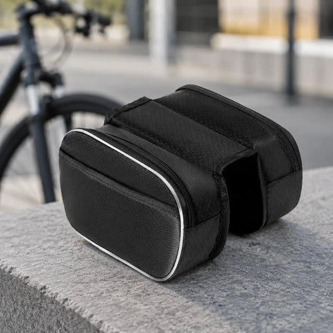 Dope Durable Bike Frame Bag For Long Rides, 20x16x6cm canvas with zipper closure, wear-resistant exterior, white edge design, on stone surface