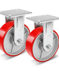 Six Inch Industrial Casters Heavy Duty Polyurethane Wheels On Steel Hub Zero Noise Roll Rigid Frame pair, featuring red wheels with gray core.