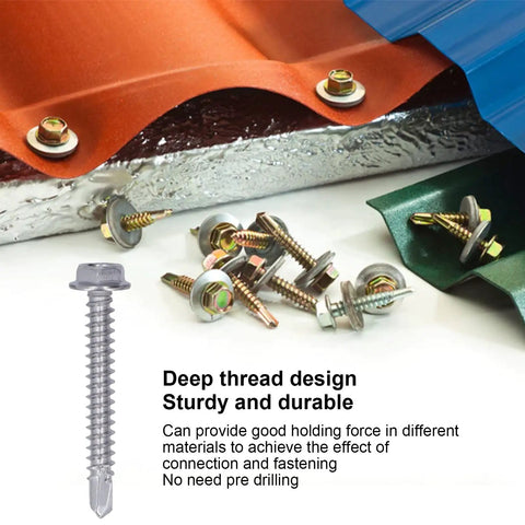 Close-up of All Purpose Stainless Steel Self Tapping Screws Kit Hex Self Drilling Screws on metal roofing, 4.8x32mm visible.