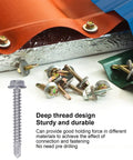 Stainless Steel Self Tapping Screws Kit With Hex Drive For Quick Furniture Repair And Home Installations Includes Two Sizes 4.2x32mm And 4.8x32mm No Pre Drilling Needed For Strong Holding Power In Wood Metal Plastic, showcasing screws and materials