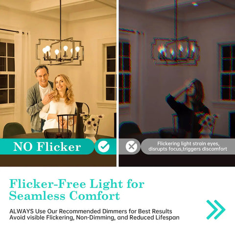 Comparison of flicker-free versus flickering lighting using 40W Equivalent E12 Frosted Globe LED Bulbs With Cozy Warm Glow 2700K