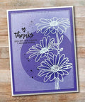 Greeting card featuring white chamomile flowers on purple background using Cute Chamomile Silicone Clear Stamp And Die Set For Card Making.