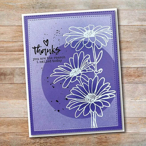 Greeting card featuring white chamomile flowers on purple background using Cute Chamomile Silicone Clear Stamp And Die Set For Card Making.