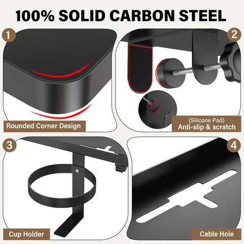 Built Different Solid Carbon Steel Bedside Shelf Clip On Floating Organizer with rounded corners, cup holder, and cable hole.