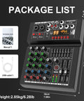 Pro DJ 4 Channel Digital Mixer With USB Bluetooth MP3 Input 99 DSP Effects 7 Band EQ 48V Phantom Power package list