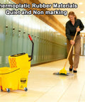 Yellow mop bucket with wringer and wheels, janitor mopping hallway floor