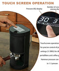 Touchscreen operation of Built Different Automatic Electric Coffee Tamper Secures 58mm Portafilters Fast With Adjustable Pressure Ranges.