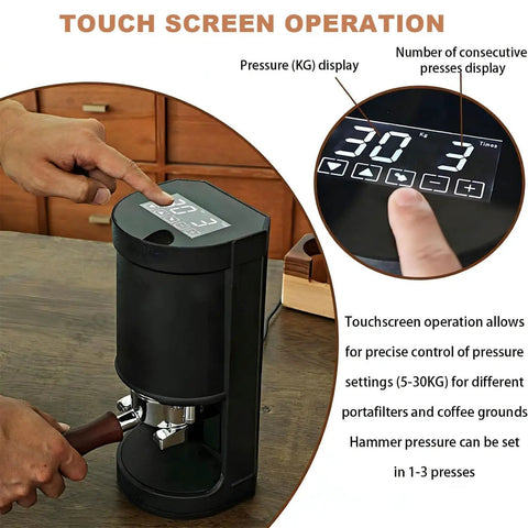 Touchscreen operation of Built Different Automatic Electric Coffee Tamper Secures 58mm Portafilters Fast With Adjustable Pressure Ranges.