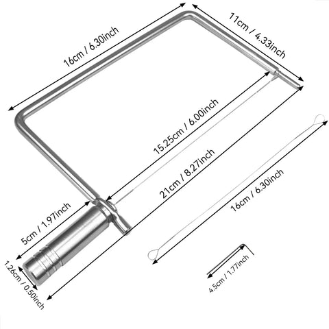 Solid Stainless Steel Cheese Slicer Kit With Grippy Handle And Hex Key Great For Whipping Up Knockout Gift Boards with dimensions.