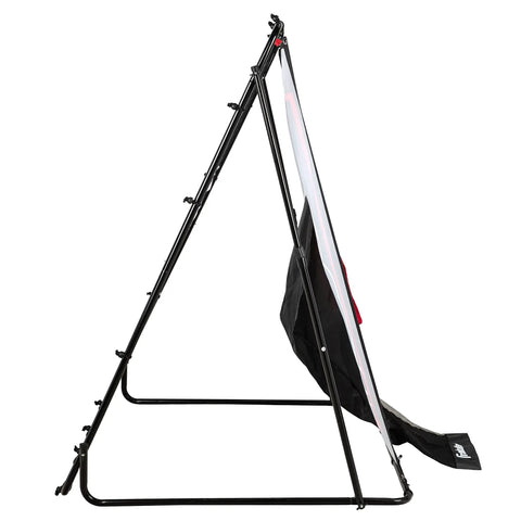 Side view of two in one pitch back and target for baseball practice and return training, showing heavy duty nylon construction.