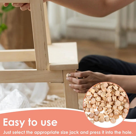 Person using 100 Pack Three Eighth Inch Wood Plugs For Screw Holes Mushroom Wood Button Round Head Covers on furniture