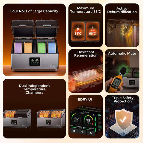 Space Pi X4 Filament Dryer Box with Dual 200W PTC heating for 1.75 to 2.85mm filament, featuring four-spool capacity and safety protection.