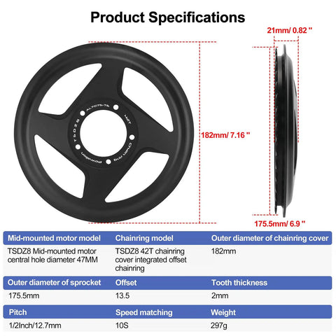 42T Offset Chainring With Integrated Guard For Tongsheng Z8 Mid Drive Motor Kit AL7075, side and front view with specifications.