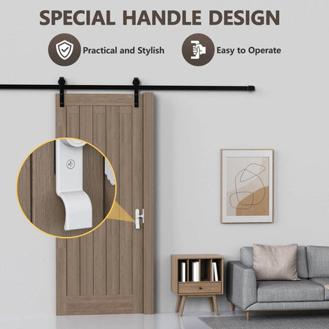 90 Degree Sliding Barn Door Lock With Zinc Alloy Security Flip Latch, Ergonomic Handle, White Finish installed on wooden door