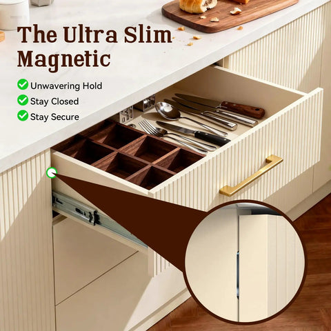 No Drill Magnetic Cabinet Door Catch With Adhesive 4 Pack Black Stainless Steel Drawer Magnets For Kitchen Cabinets Bathroom And RV No Screws Needed 15 Lb Hold Easy Install 1.6 By 0.8 Inch Size showing an installed magnet on a kitchen drawer.