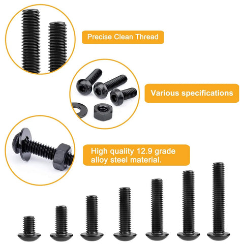 Built Tough 305 Piece 1/4-20 Bolt And Nut Assortment Kit featuring black button head screws and various lengths in grade 12.9 alloy steel.