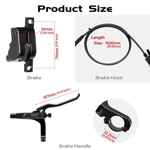 Hydraulic Disc Brake Kit for Mountain Bike With Front and Rear Calipers, Aluminum Two-Finger Levers shown with dimensions.