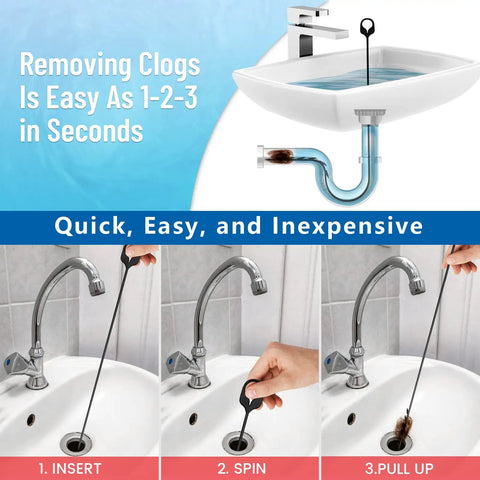 Durable Nylon Drain Snake 30 Inch Hair Clog Remover used in sink to clear drain clogs, demonstrating insert, spin, and pull up steps.