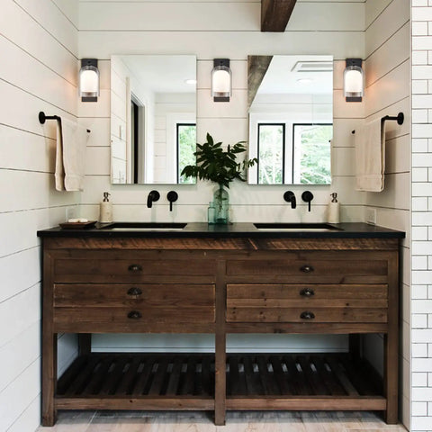 Bathroom with Dope Industrial Black Wall Sconce With Double Glass Shades Wall Mounted Lighting above the mirror
