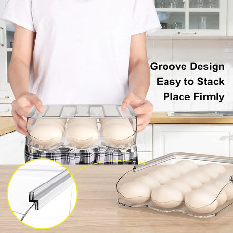 Person holding auto rolling egg holder for fridge with 36 egg capacity two layer clear egg organizer bin with lid