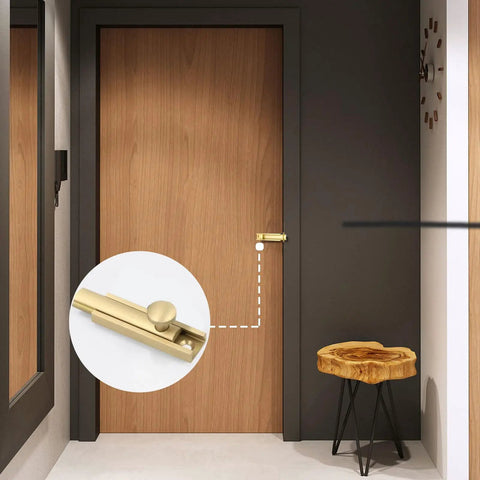 Dead Nuts Secure Brushed Gold Solid Brass Surface Bolt Lock With Auto Retracting Tension Spring For Screen Storm Doors And Cabinets Effortless Vertical Or Horizontal Mounting