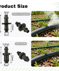Two sizes of barbed connectors for 2 In 1 Drip Irrigation Punch Tool Kit with close-up of connectors in garden hose.