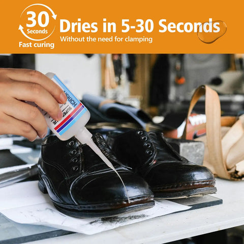 Fast Dry Shoe Repair Glue For Sneakers, Boots, Leather And Soles With Anti Clog Cap in use on black leather shoes