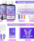 Package contents of UV Resin Kit With Light 200g Crystal Clear Epoxy For Beginners Starter Kit No Fuss Fast Curing Crafting Molds Jewelry Making And DIY Decor Includes Tools And Accessories For Instant Start featuring resin bottles, UV lamp, molds, gloves, glitter, and silicone tools.