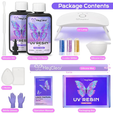 Package contents of UV Resin Kit With Light 200g Crystal Clear Epoxy For Beginners Starter Kit No Fuss Fast Curing Crafting Molds Jewelry Making And DIY Decor Includes Tools And Accessories For Instant Start featuring resin bottles, UV lamp, molds, gloves, glitter, and silicone tools.